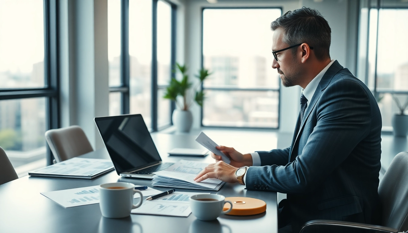 Purchasing consultant engaged in market analysis with reports in a bright office setting.