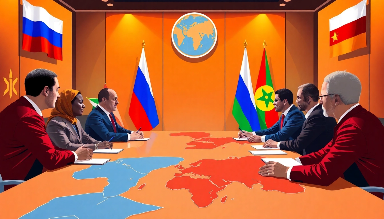 Demonstrate coopération Russie Afrique through leaders engaging in diplomatic discussions, emphasizing collaboration and partnership.