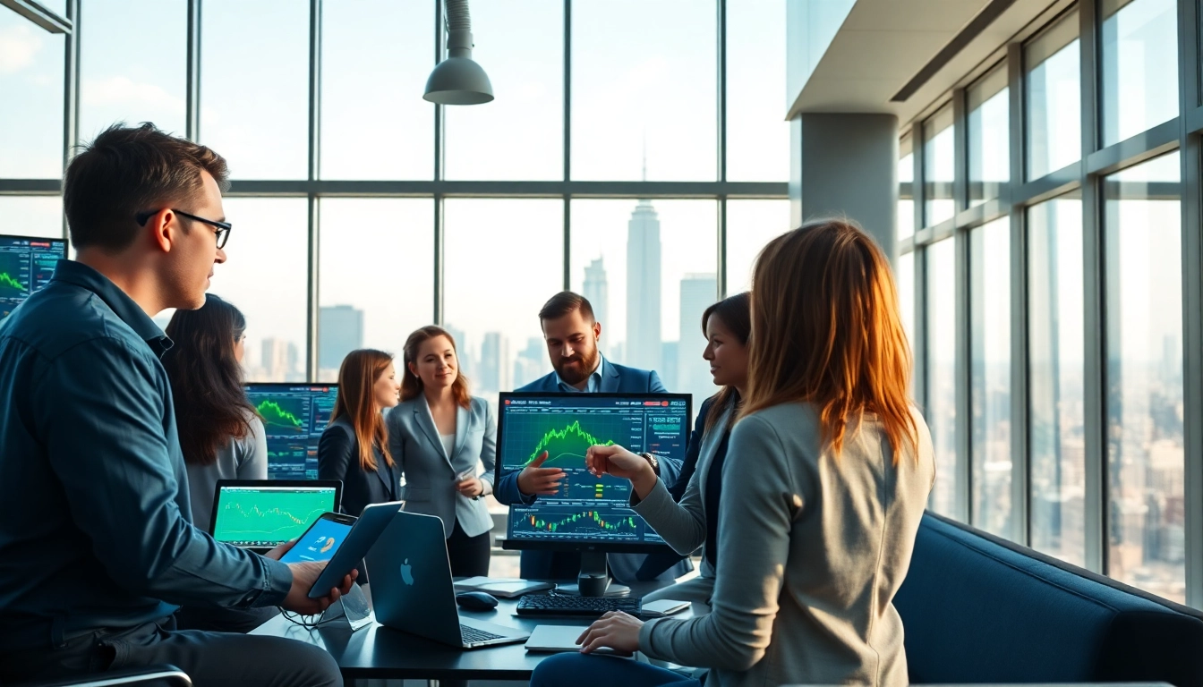 Users engaged in kyberswap trading strategies in a modern office environment.