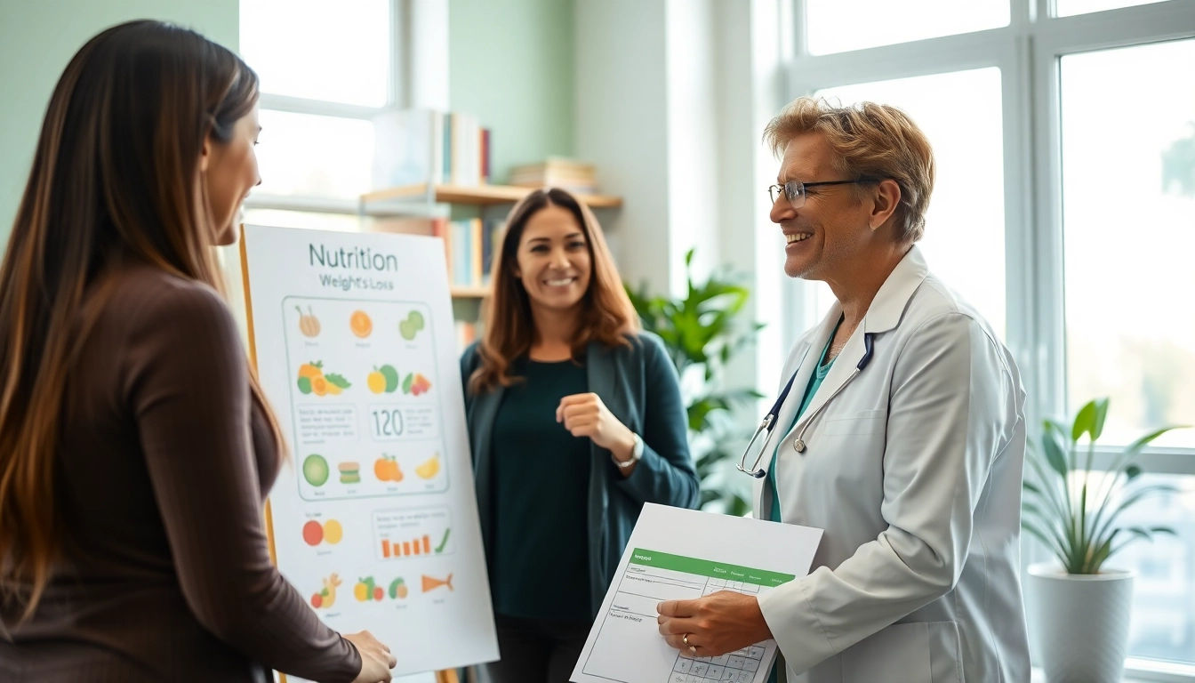 Nutritionist guiding a client through medical weight loss strategies in a bright clinic.