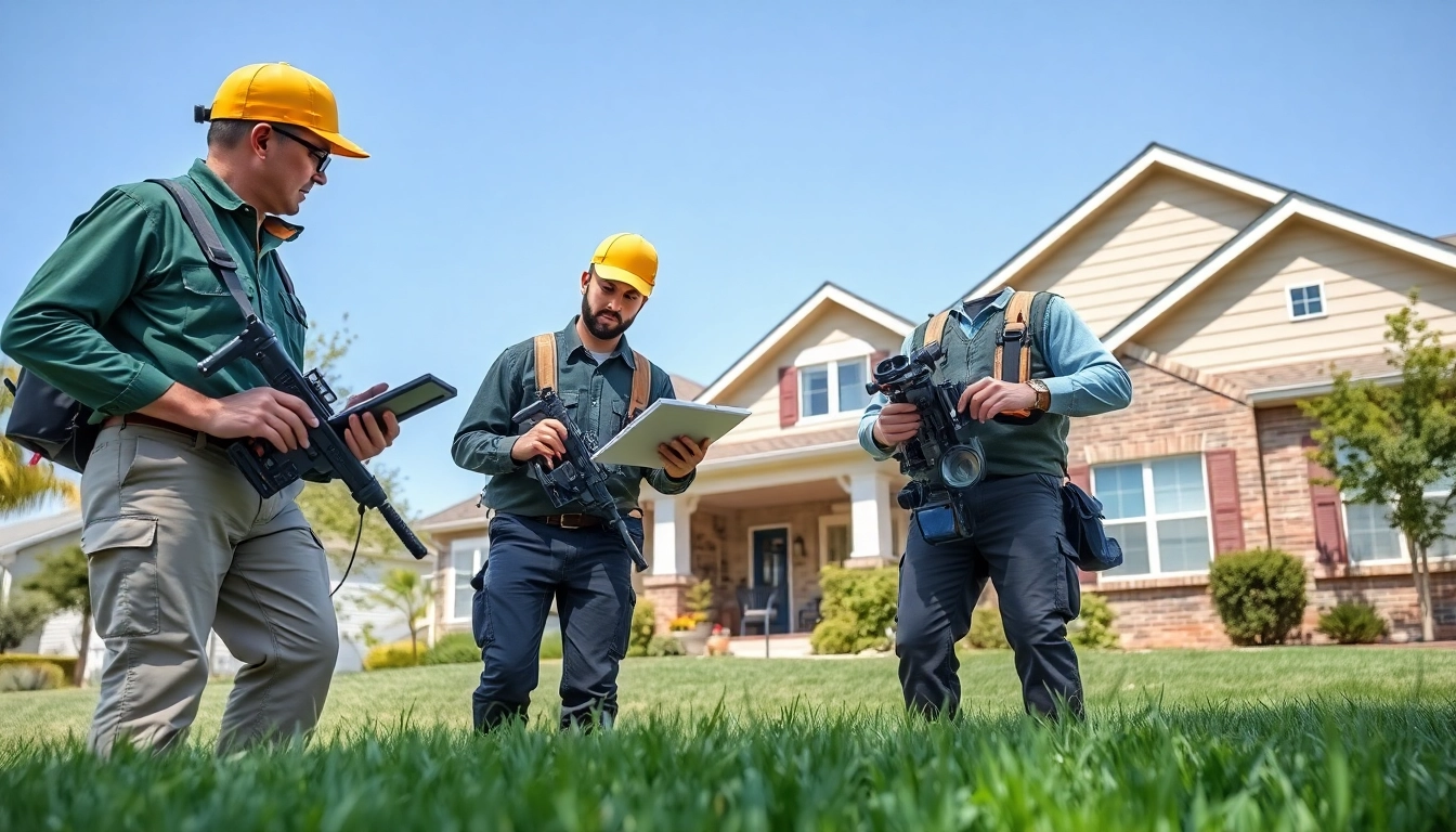 Pest control near me professionals inspecting a suburban home, showcasing quality service and trust.