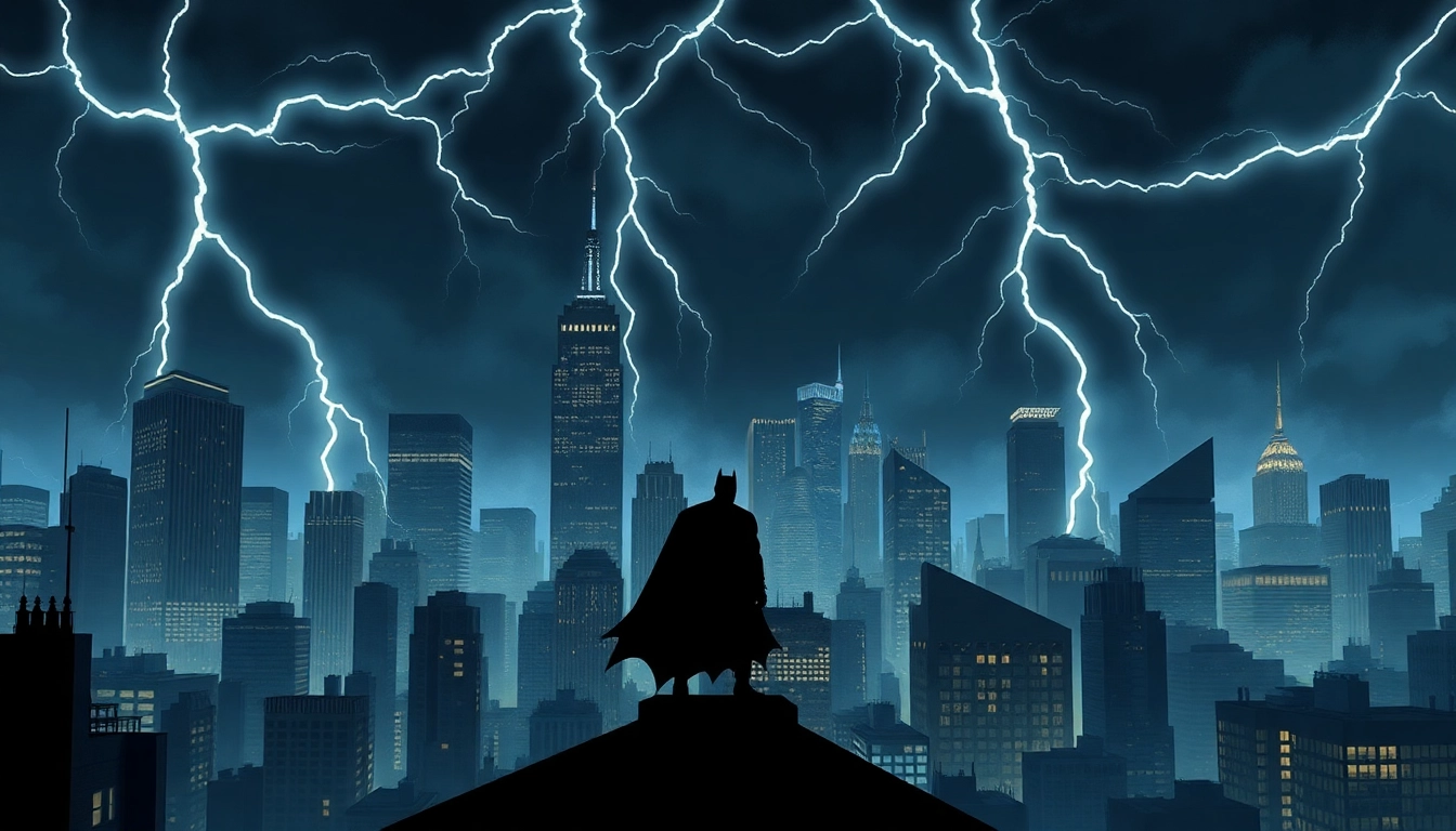 Gambaran game batman138 dengan pemandangan kota Gotham yang gelap dan dramatis.