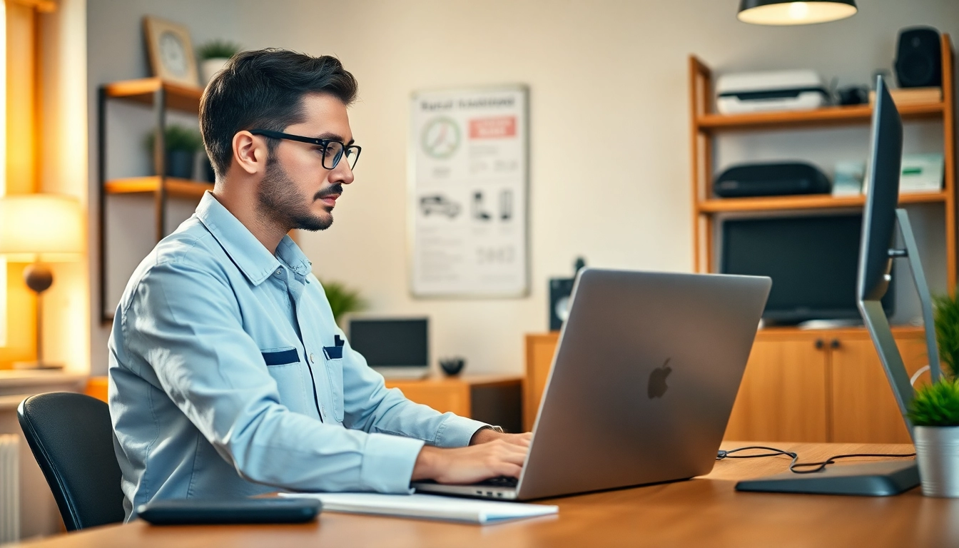 Offering computer help near me with a technician troubleshooting in an inviting office.