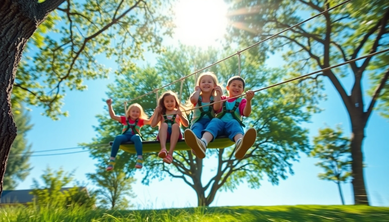 Family enjoying a thrilling ZIP WIRE KIT adventure in a sunny backyard filled with excitement.