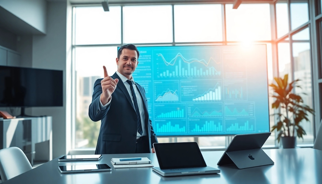 Engaging with 4D online applications in a modern office environment with digital displays.