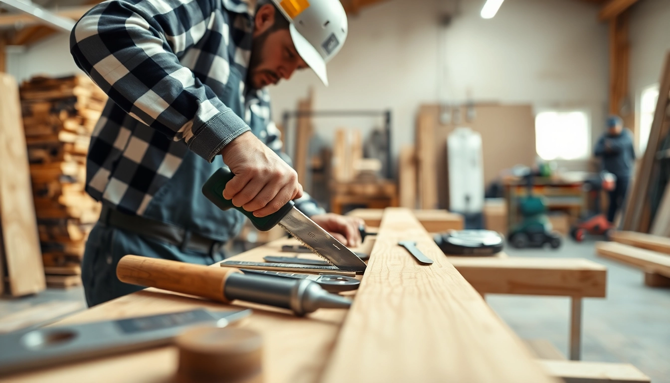 Craftsman engaged in carpentry apprenticeship near me, focusing on skilled woodworking in a bright workshop.