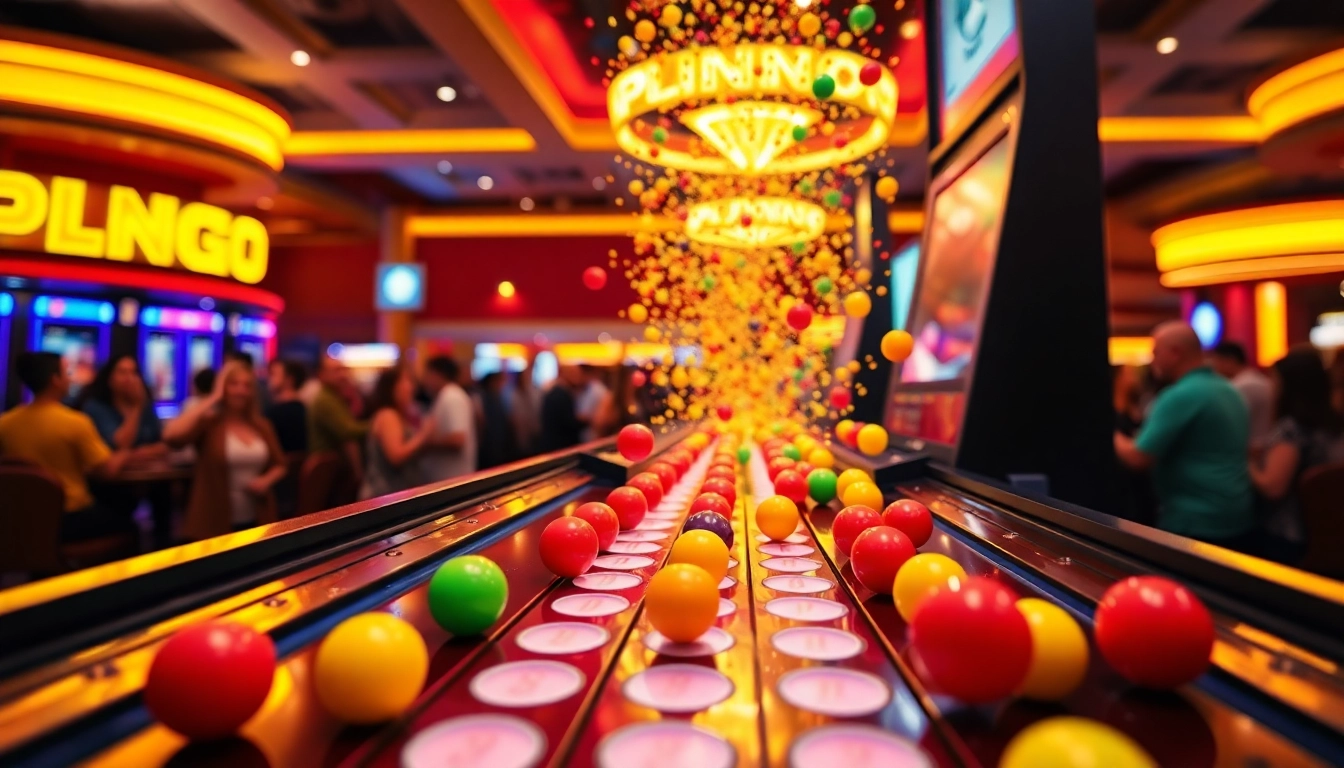 Menangkan permainan situs plinko dengan bola berjatuhan yang penuh warna di latar belakang kasino.