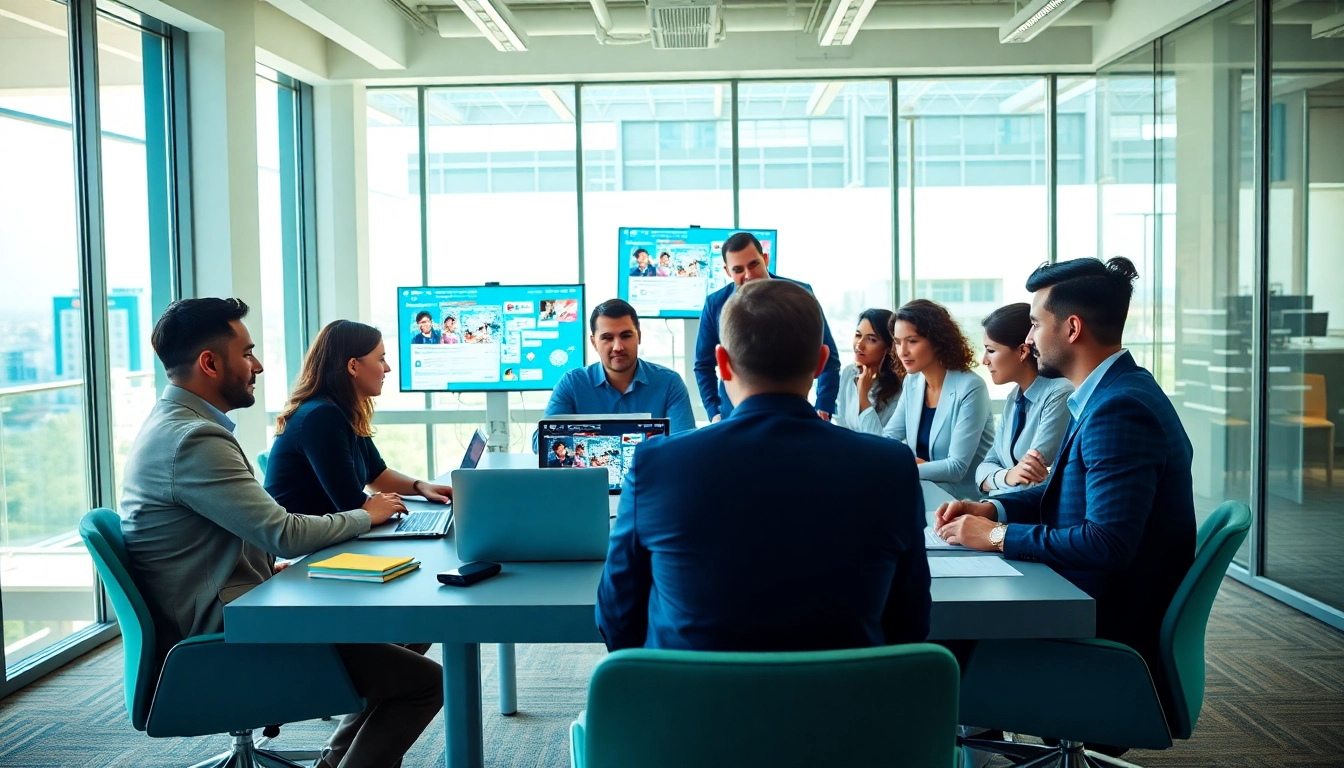 Engaging social media marketing Edmonton team brainstorming in a bright office setting.