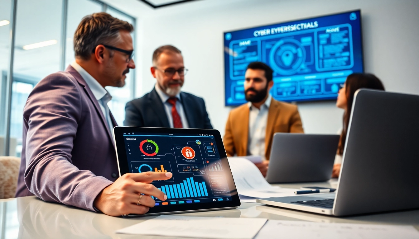 Engage experts discussing IASME cyber essentials in a modern office with vibrant security metrics.