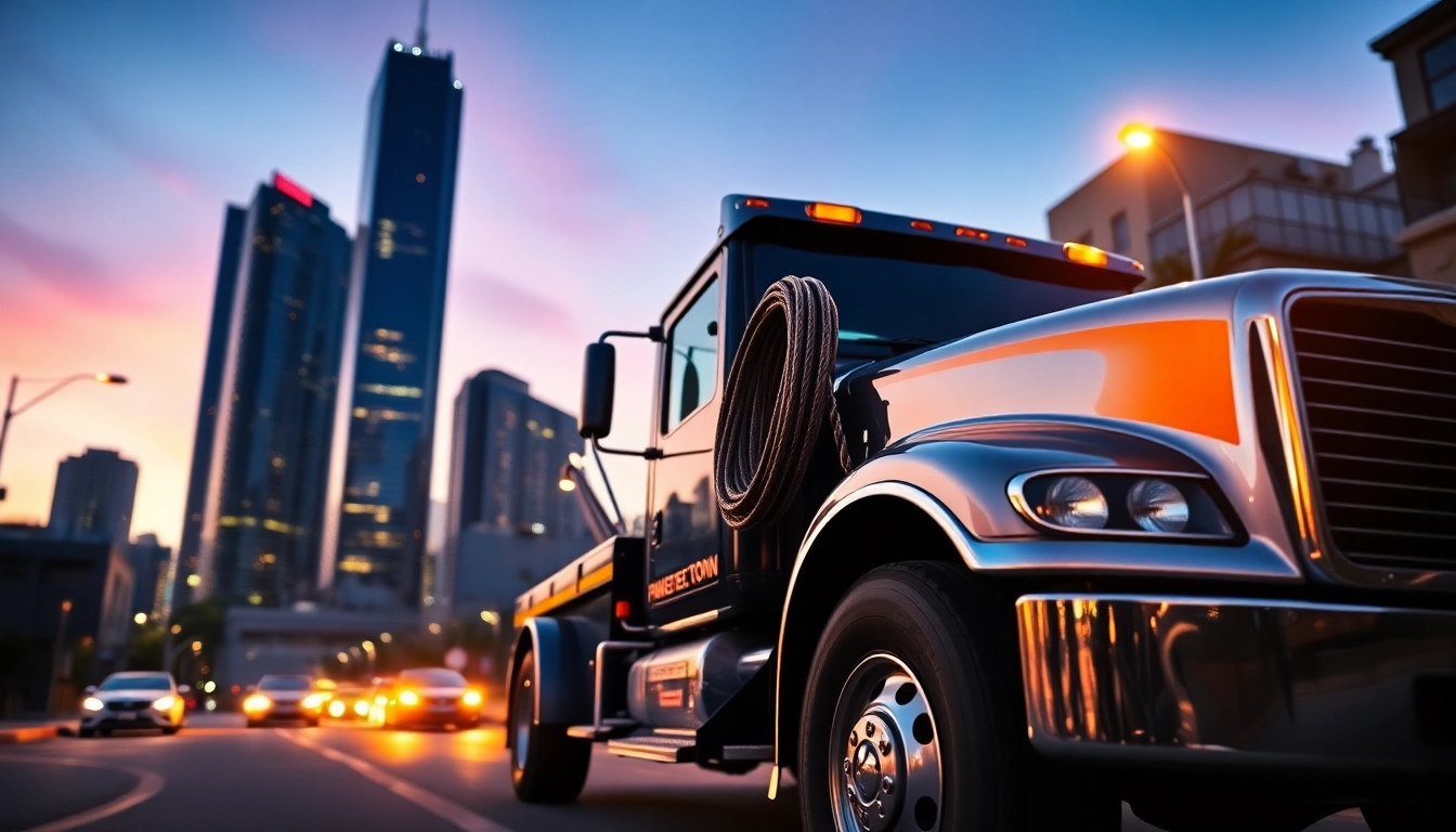 Towing Service in Toronto: Reliable tow truck positioned on a busy street at sunset, ready for roadside assistance.