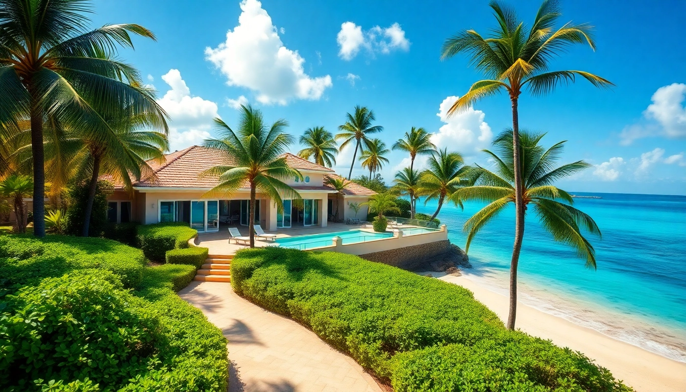 Explore luxurious jamaica real estate with a stunning beachfront villa surrounded by tropical landscape.