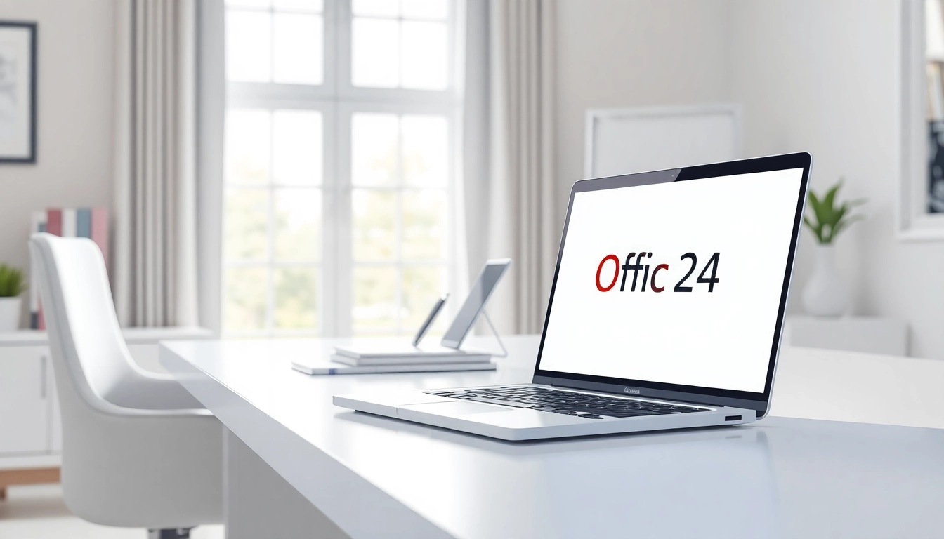 Die Benutzeroberfläche von Office 2024 auf einem eleganten Laptop in einem professionellen Arbeitsbereich.