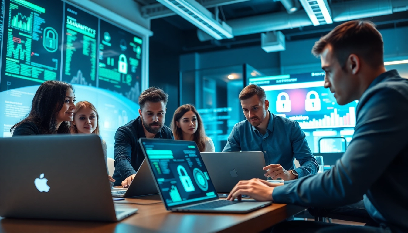 Red teaming in action: a diverse cybersecurity team collaborating energetically in an office.