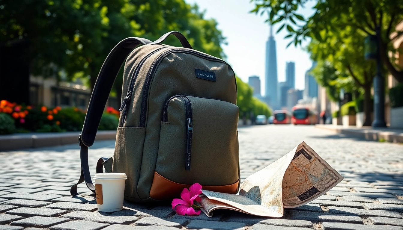 Showcasing the London Backpack brand on a cobblestone street with urban elements and vibrant colors.