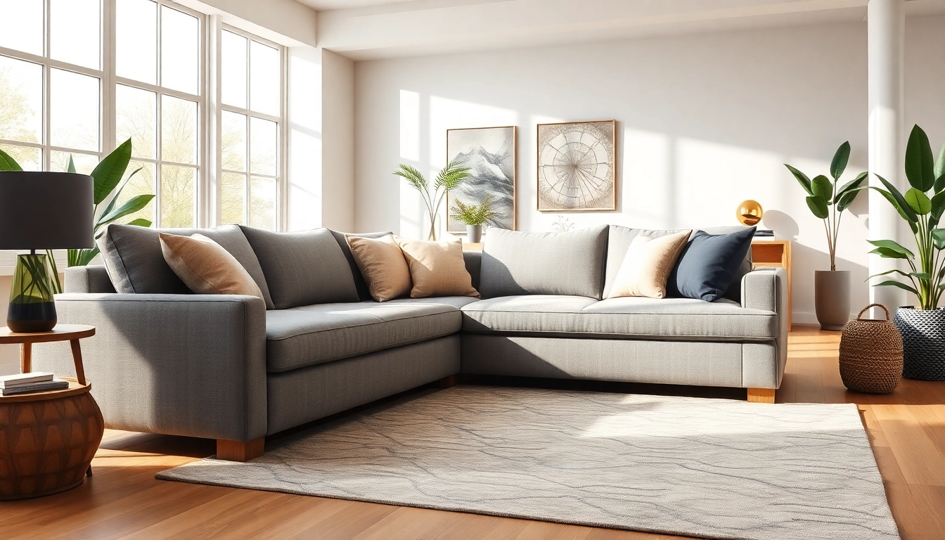 Ecksofa mit Schlaffunktion, modern und gemütlich, im stilvollen Wohnzimmer platziert.