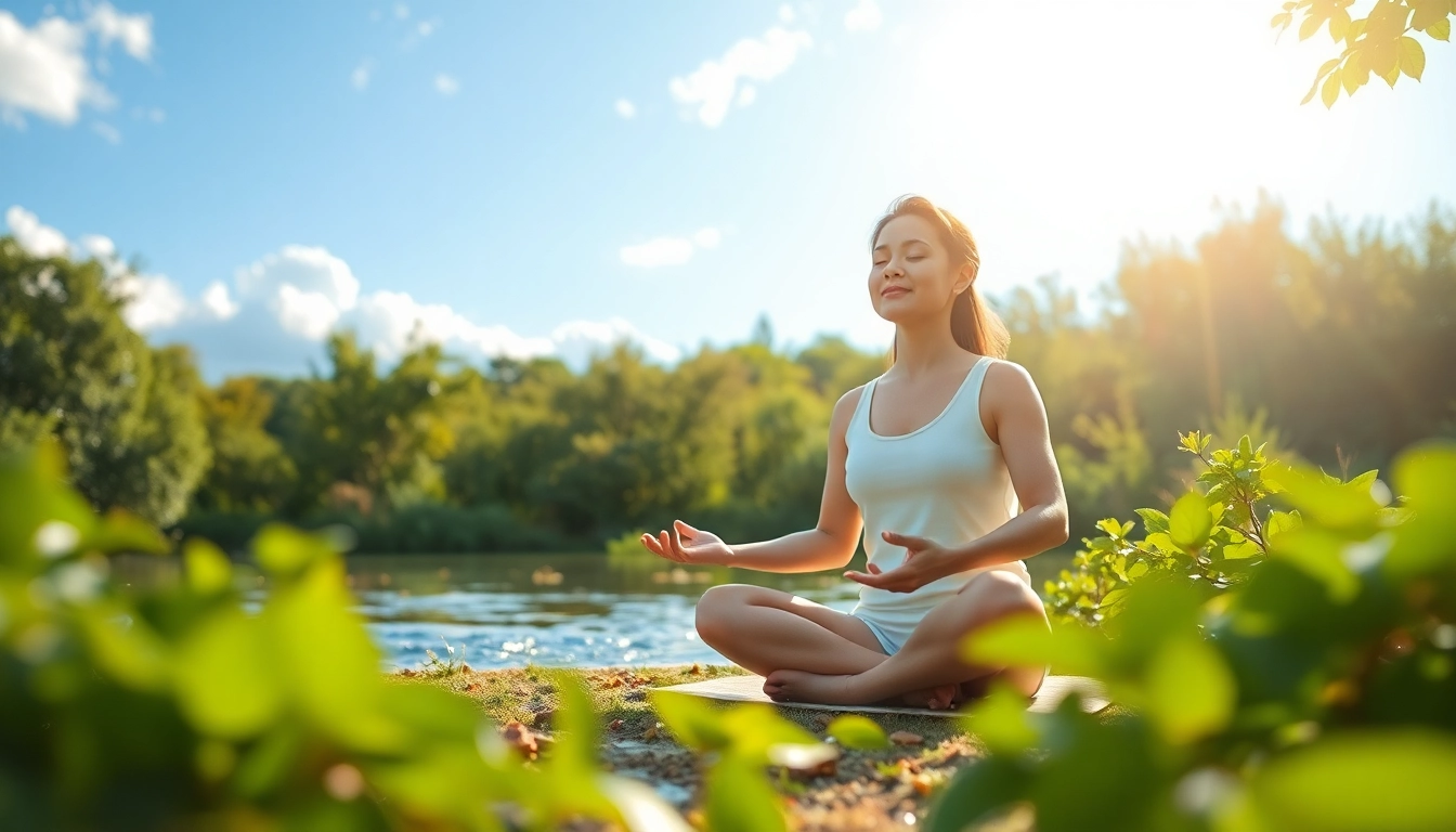 Practicing mindfulness meditation outdoors, dealing with stress and achieving tranquility.