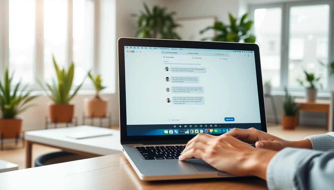 Engaging website chatbot displayed on a laptop in a modern office.