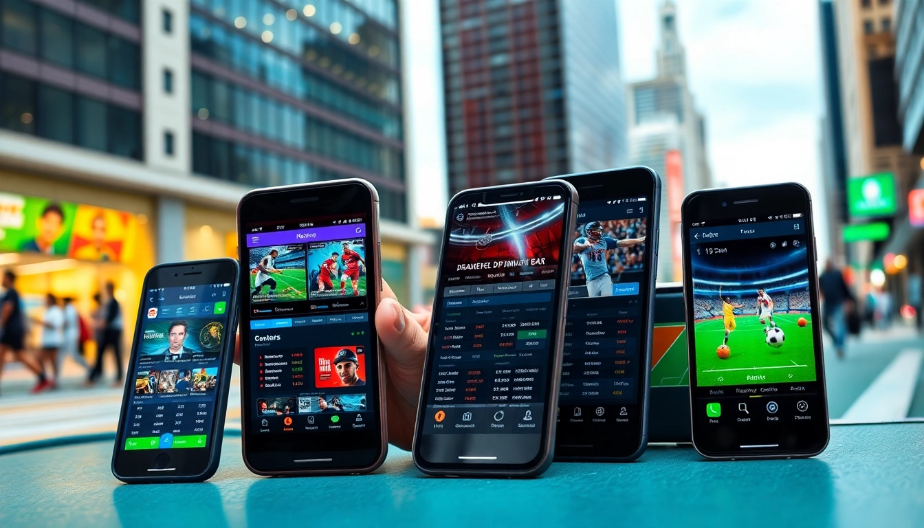 Showcase of the Best sports betting apps on mobile devices amid a vibrant urban background.