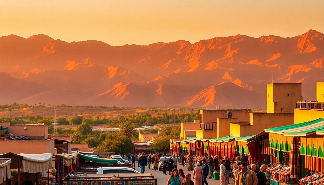 Vibrant scene of Tours Marruecos with mountains and market interactions.