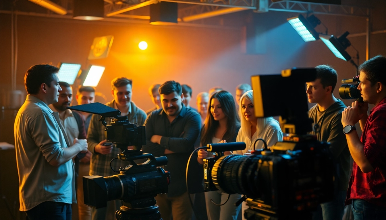 Creative film production scene showcasing a diverse crew at a 영상업체, emphasizing teamwork and innovation in filmmaking.