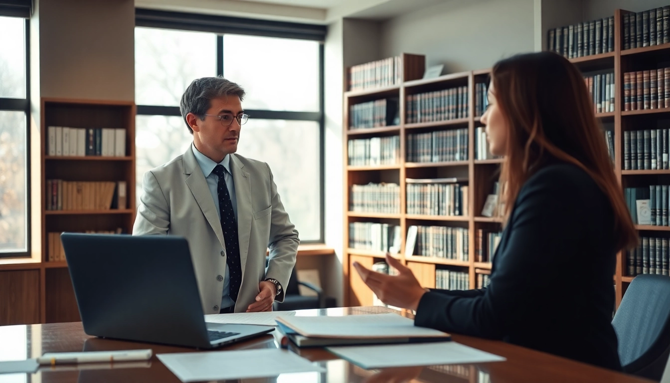 Environmental lawyer consulting with a client in a modern office setting, focusing on legal documents.