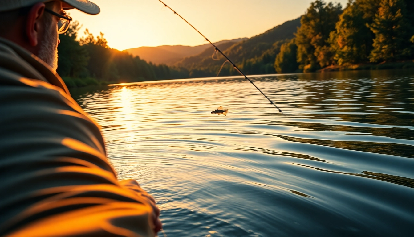 Engaging angler fly fishing for bass on a serene lake at sunrise, showcasing skill and focus.
