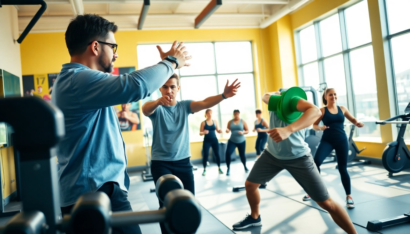 Engaging personal trainer near me leading an energetic workout session in a modern gym.