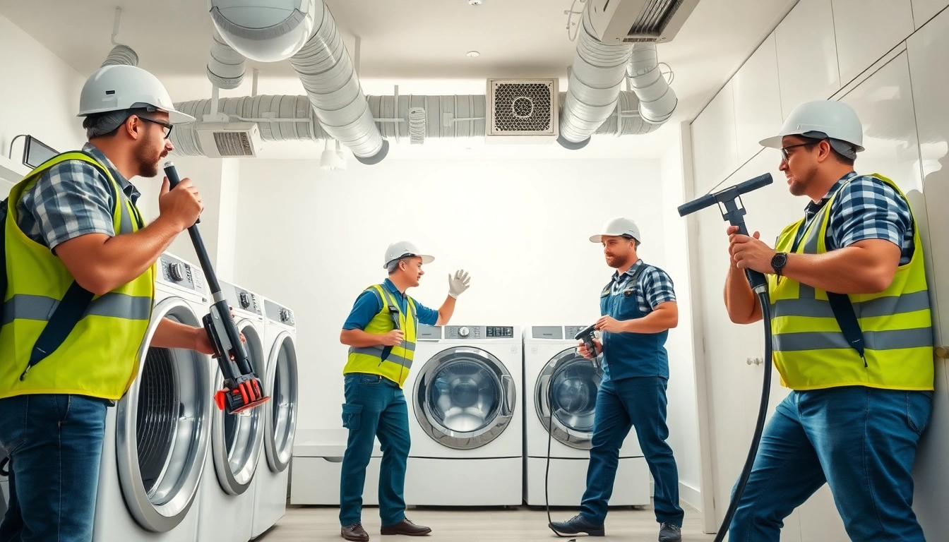 Service team conducting dryer vent franchises near me cleaning in a bright, modern laundry room.