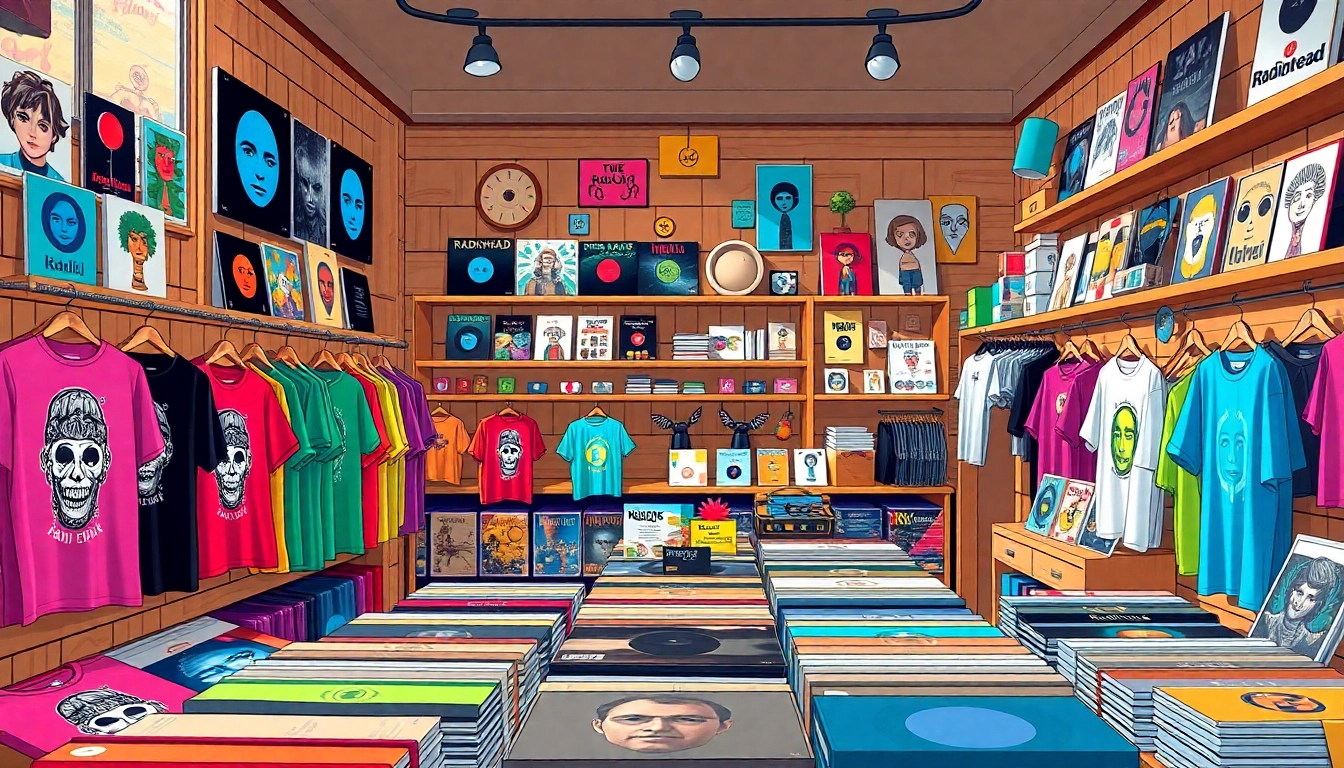 Display of various Radiohead merch items, including vibrant t-shirts and vinyl records.