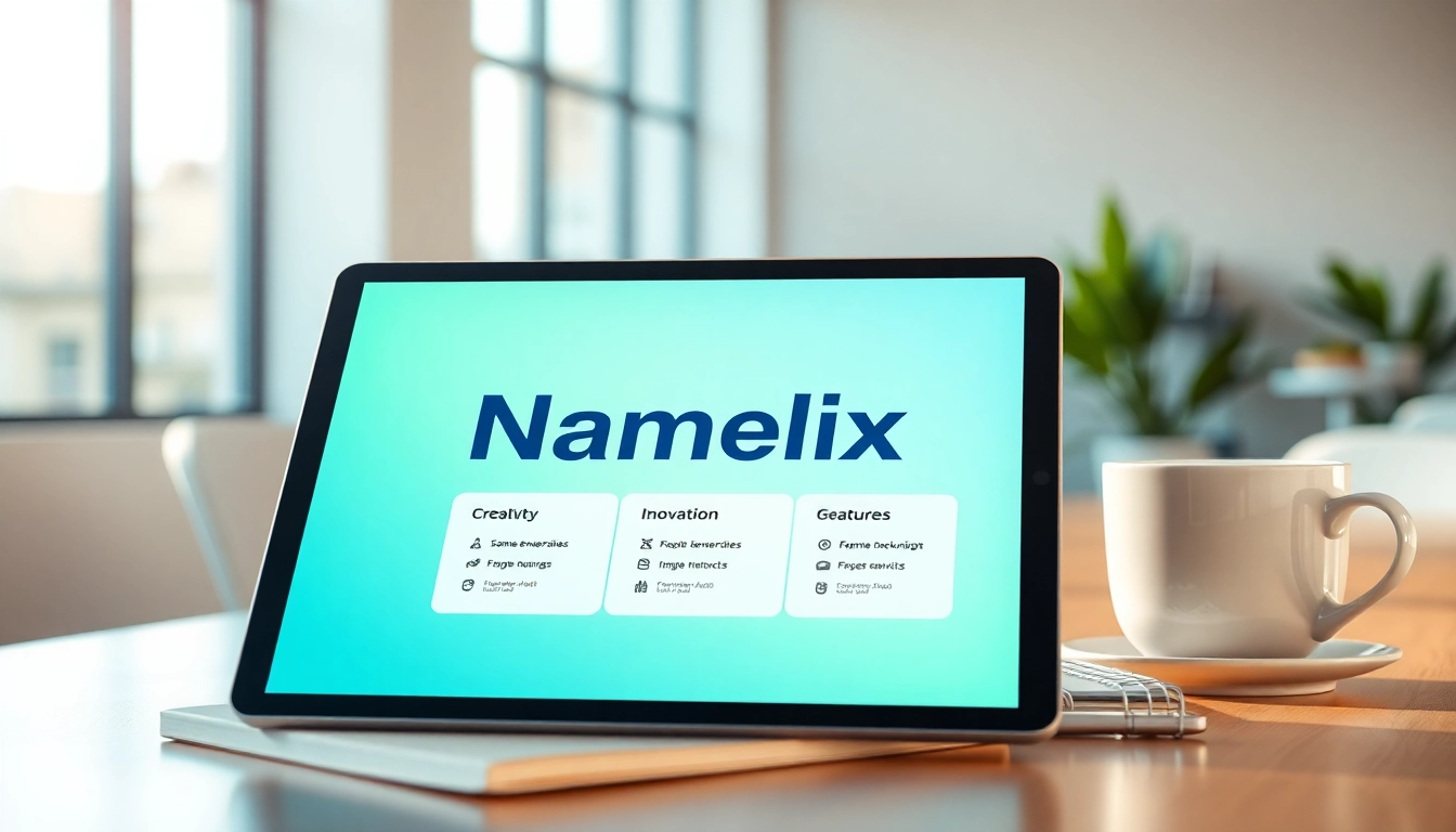 Generate creative business names with the Namelix app showcased on a tablet.