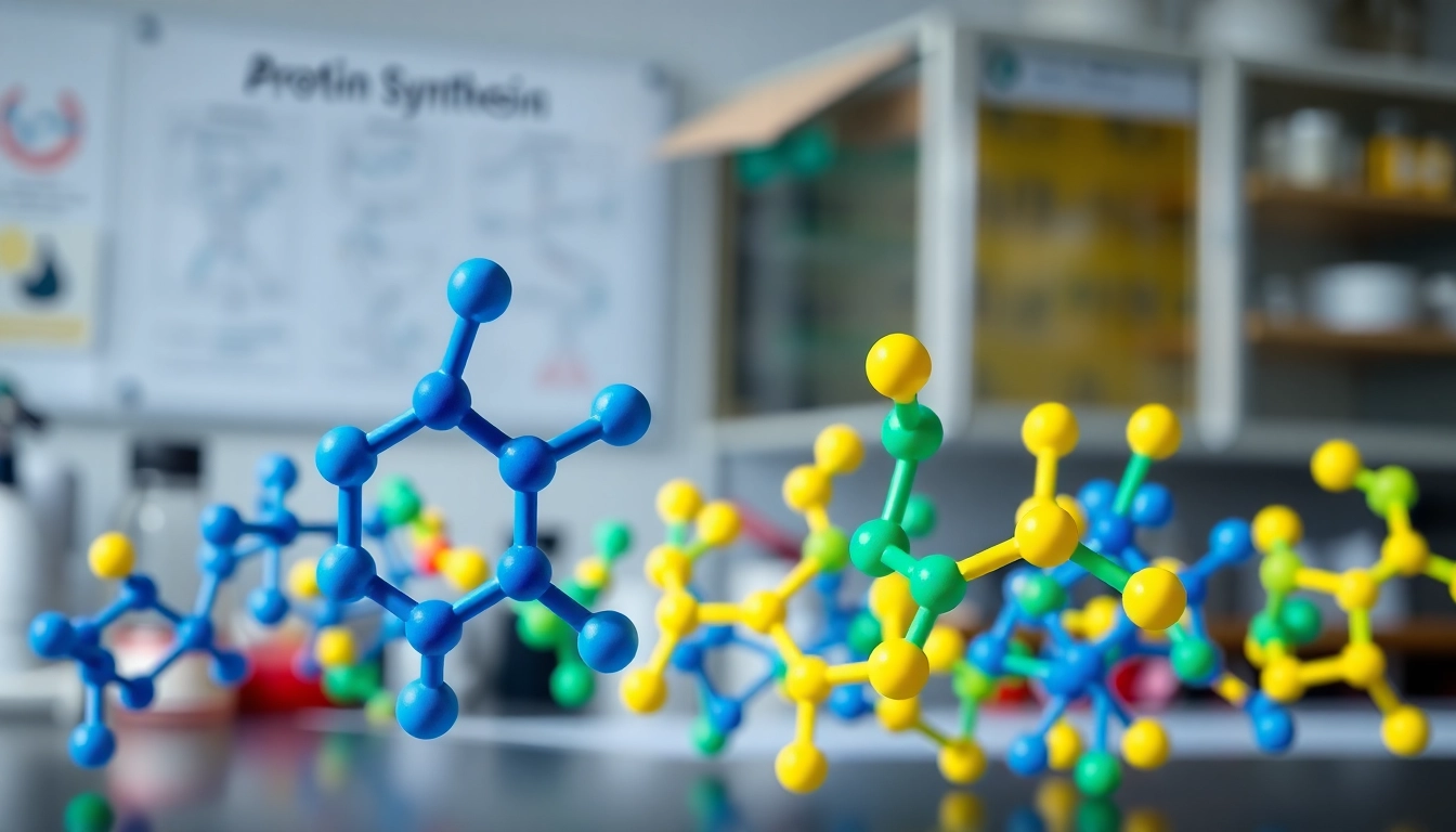 Amino acids represented in a vibrant laboratory environment showcasing molecular structures.