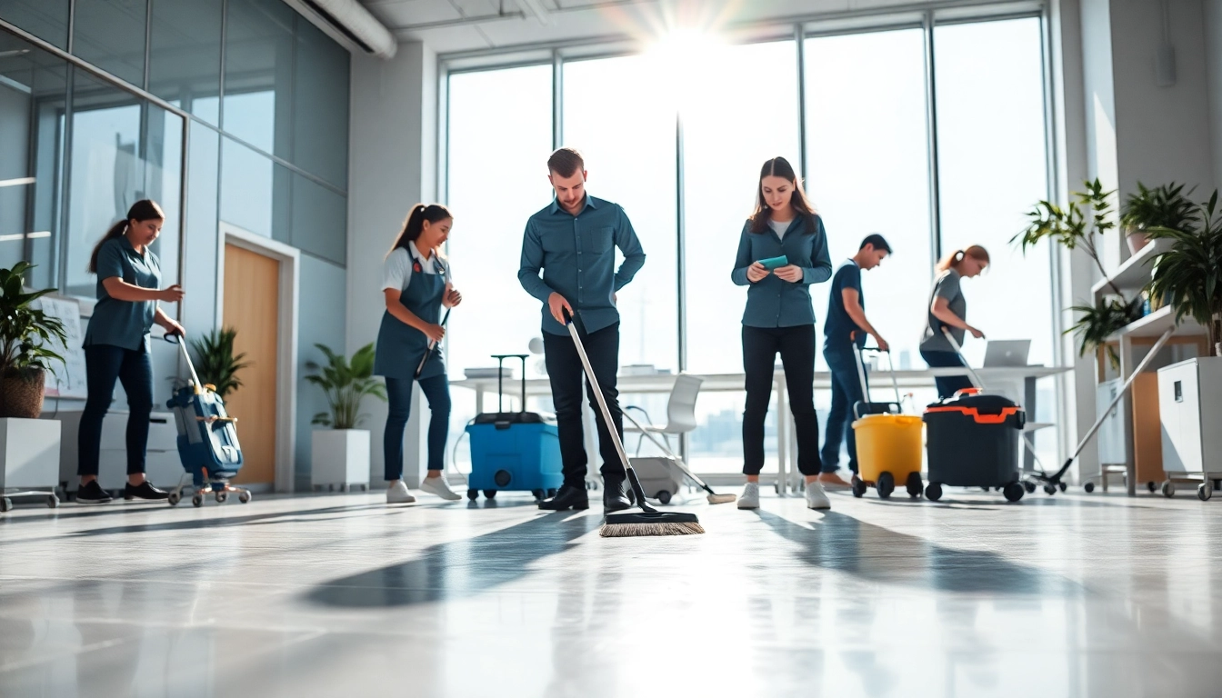 Enhance your workspace with professional commercial cleaning in action, showcasing dedicated team in a bright office.