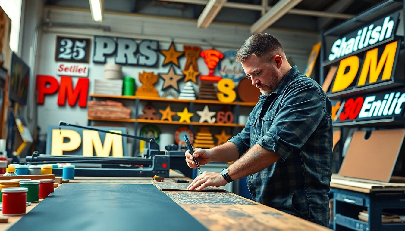 Crafting custom pm signs in a bright workshop setting with skilled artisans at work.