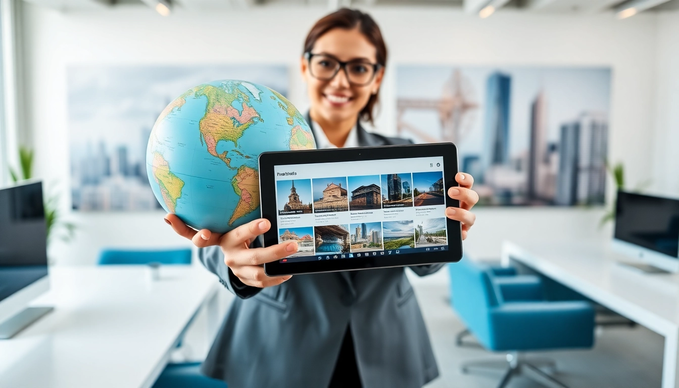 Engaging real estate agent presenting international property alerts in a modern office setting.