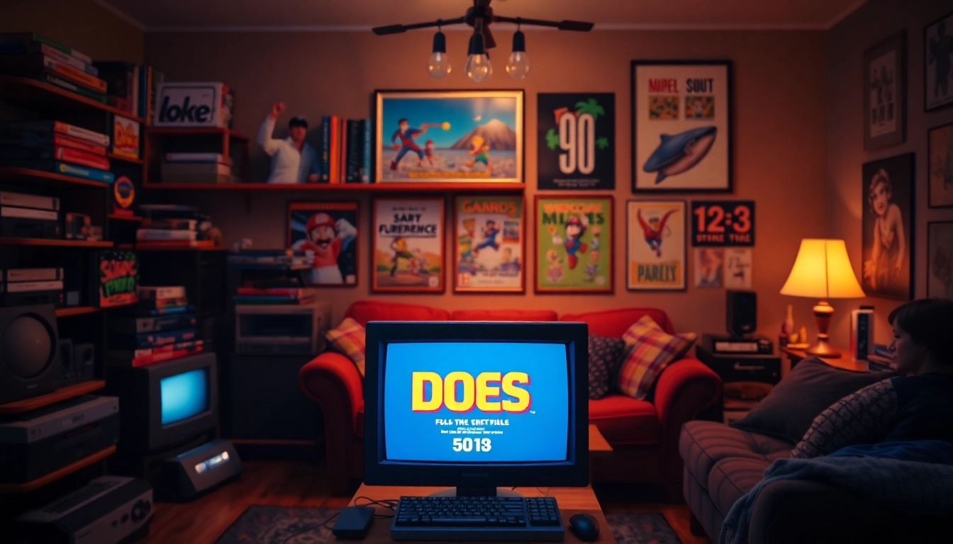 Engage in dos games download with a nostalgic home gaming setup showcasing classic DOS game characters.