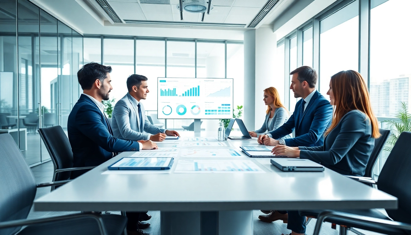 Analyze competitive intelligence data with a diverse professional team in a modern office setting.