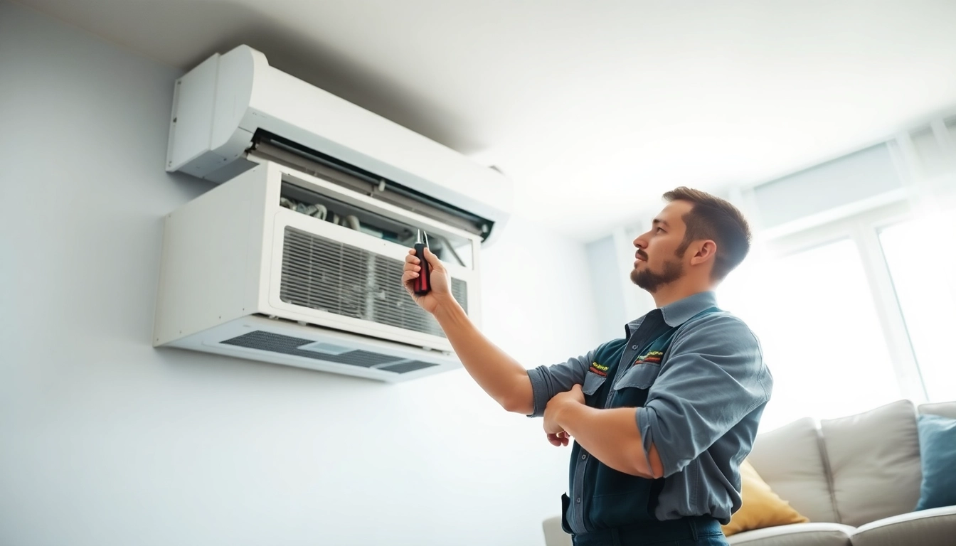 AC repair phoenix az technician servicing an air conditioning unit in a bright living room.