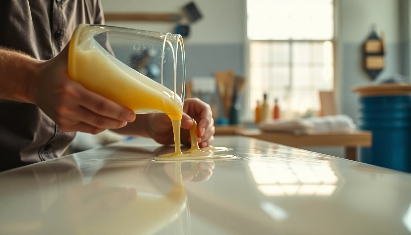 Laminating resin application demonstrating a smooth, glossy finish on fiberglass surfaces in a workshop setting.
