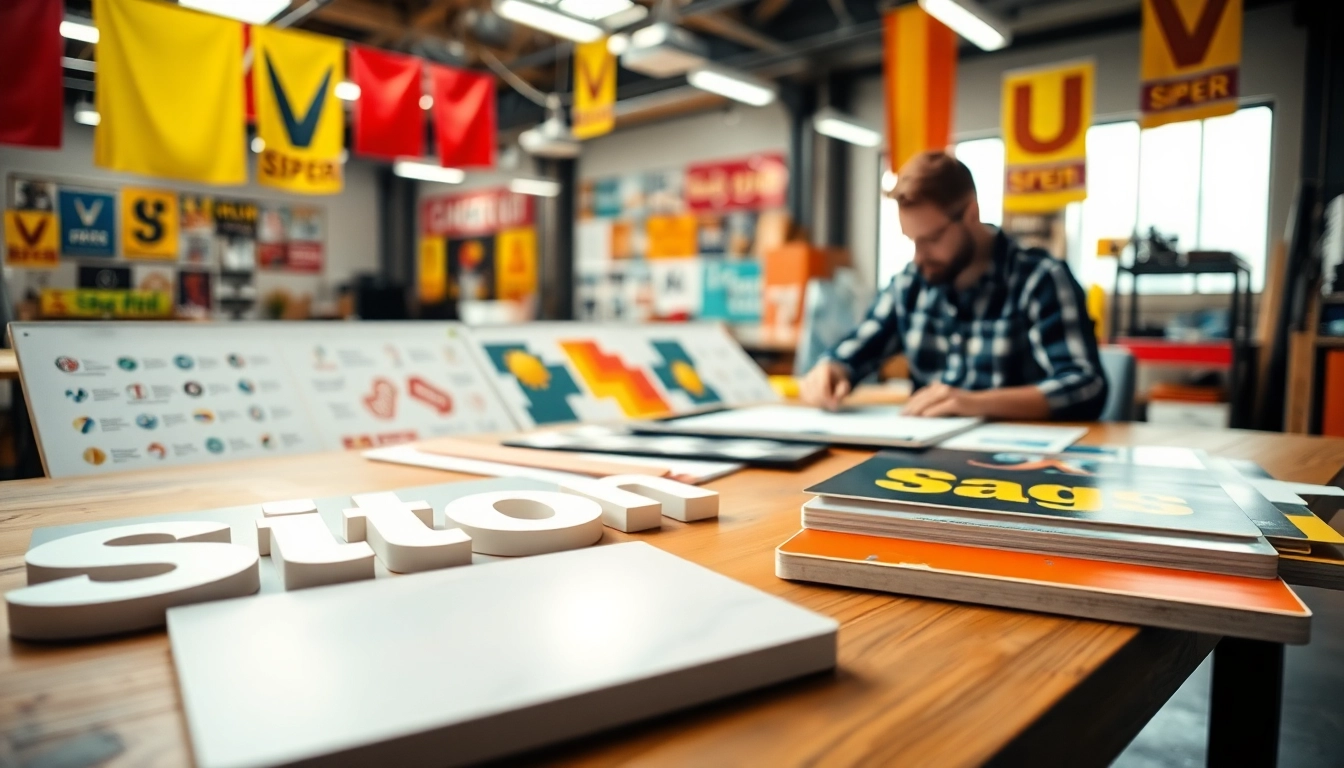 Creative sign design process showcasing vibrant materials and a designer at work.