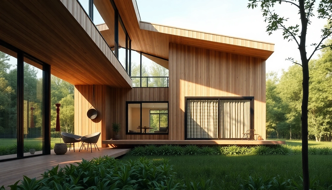 Showcasing sip house projects with sleek design nestled in a vibrant green landscape.