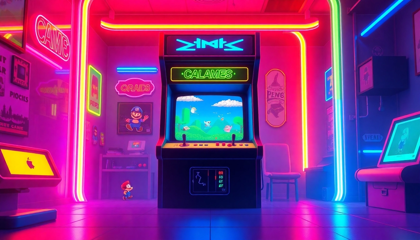 Engage with classic dos games online in a vibrant retro arcade setting filled with nostalgia.