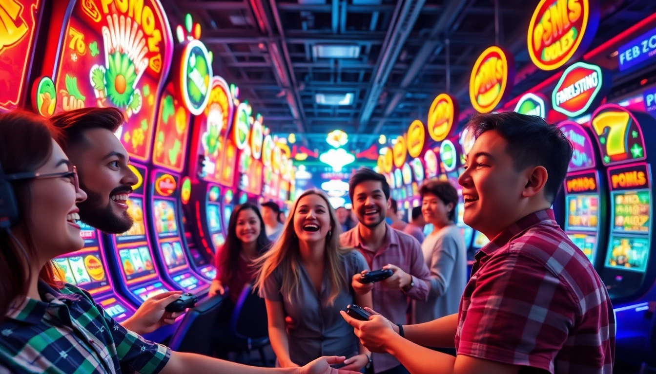 Players enjoying pgslot games in a vibrant gaming environment with colorful slot machines.