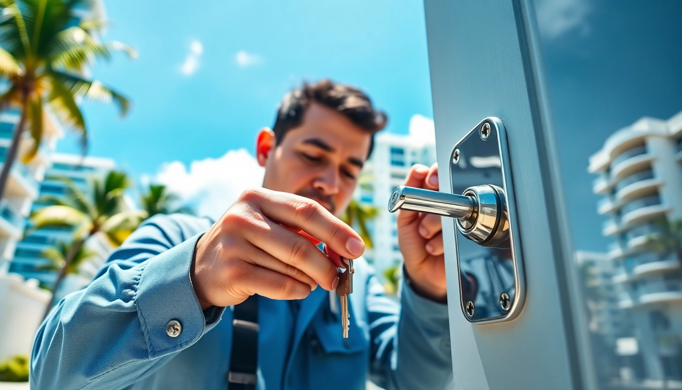 Locksmith Miami expert fixing a modern lock with bright Miami backdrop.
