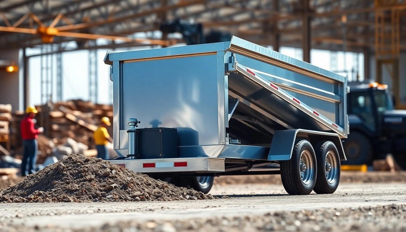 Find a dump trailer for sale near me, showcasing a hydraulic lift in action at a construction site.