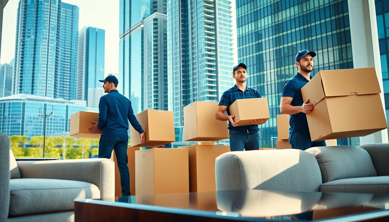 Efficient movers in Toronto area carefully transporting boxes and furniture in a busy urban setting.