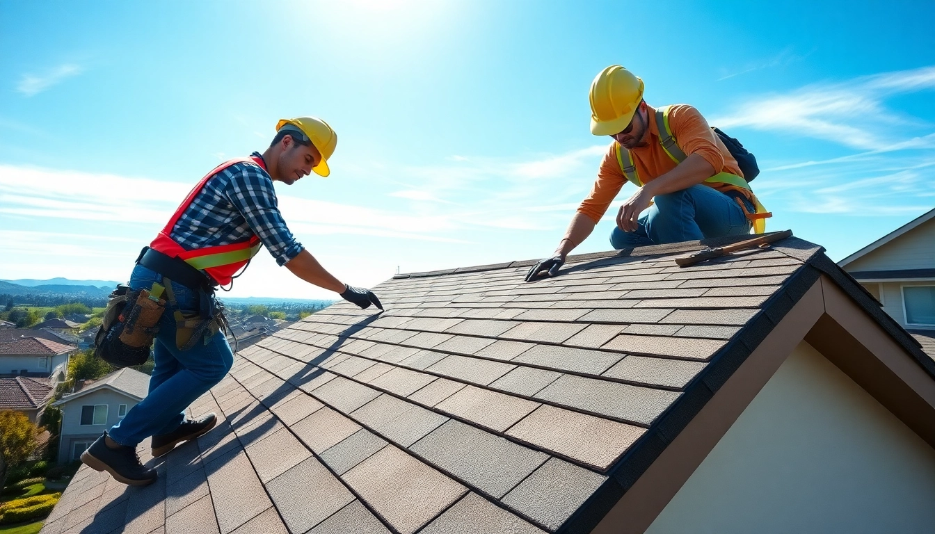 Apply new Roofing Vancouver Wa shingles during a professional installation process in sunny weather.