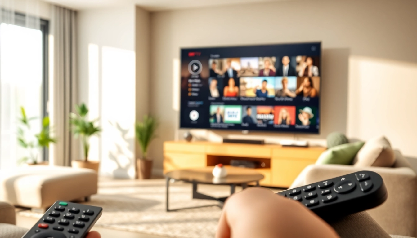 Comprar IPTV muestra una sala de estar moderna con un televisor inteligente y control remoto.