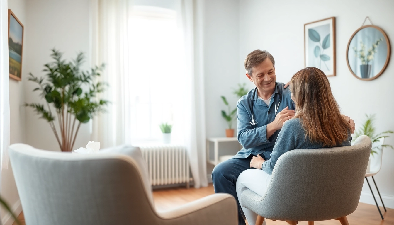 Supporting someone dealing with grief in a comforting therapy environment.