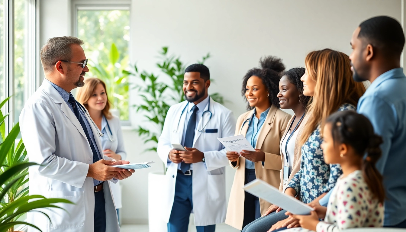 Concierge care physicians interacting with patients in a welcoming clinic, emphasizing personalized healthcare.