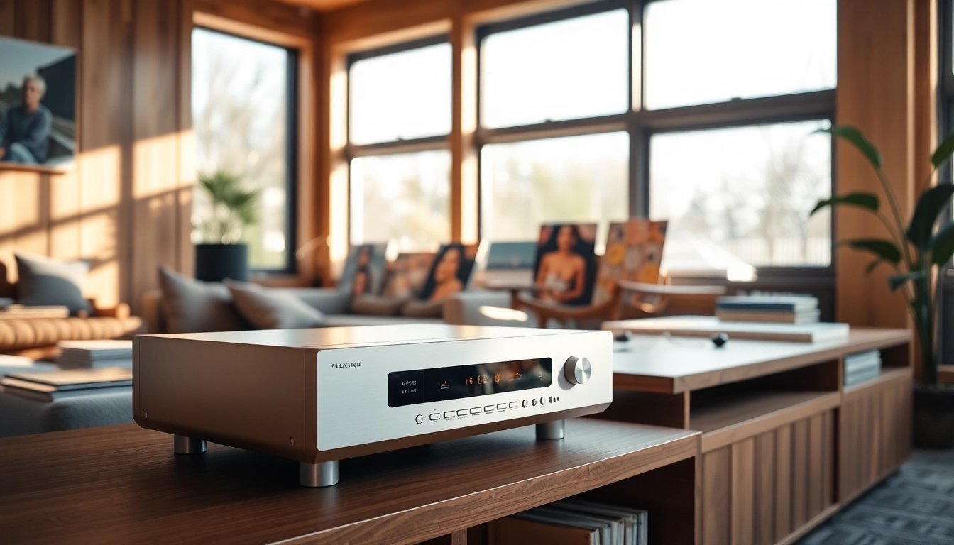 Showcasing the modern design of the hardware player at https://hardwareplayer.com, surrounded by vinyl records in a cozy setting.